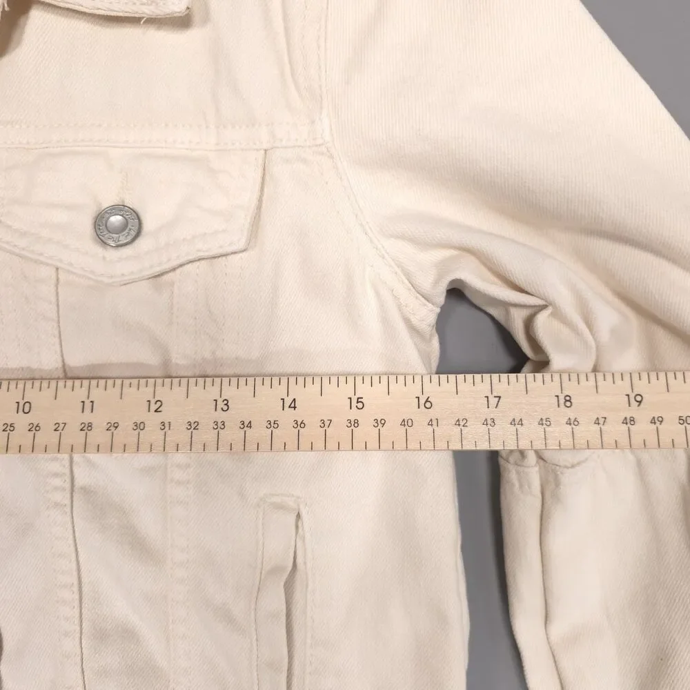 WE THE FREE Women's Denim Jacket SMALL Cream Cropped 100% Cotton Button‎ Front